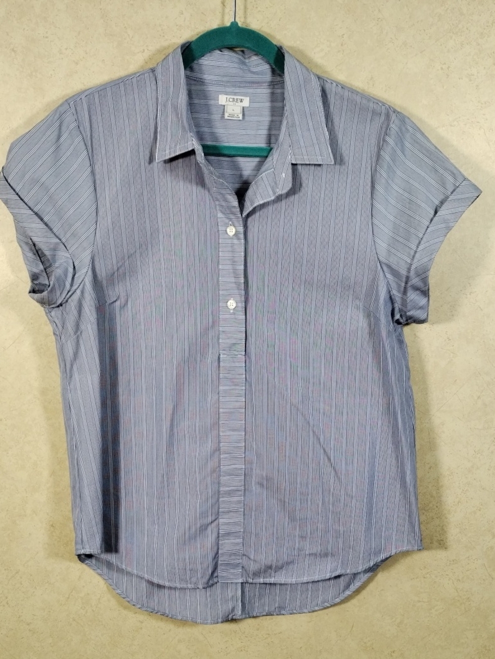 G080 J. Crew Blue & White Striped S/S half button cotton blouse L